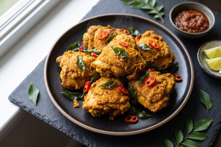 Overhead of air fryer ayam goreng berempah, Malaysian spiced chicken thigh pieces with a golden turmeric crust and crisp curry leaves on a dark plate on slate, lime wedges and sambal on the side