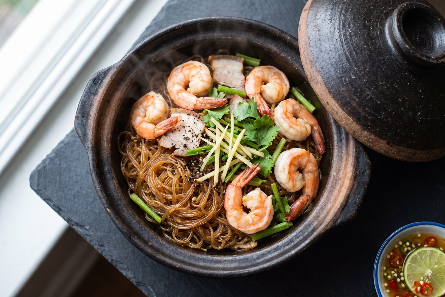 Overhead of goong ob woon sen, Thai shrimp and glass noodles in a dark clay pot on slate, topped with pork slices, cracked black pepper, ginger, Chinese celery and cilantro