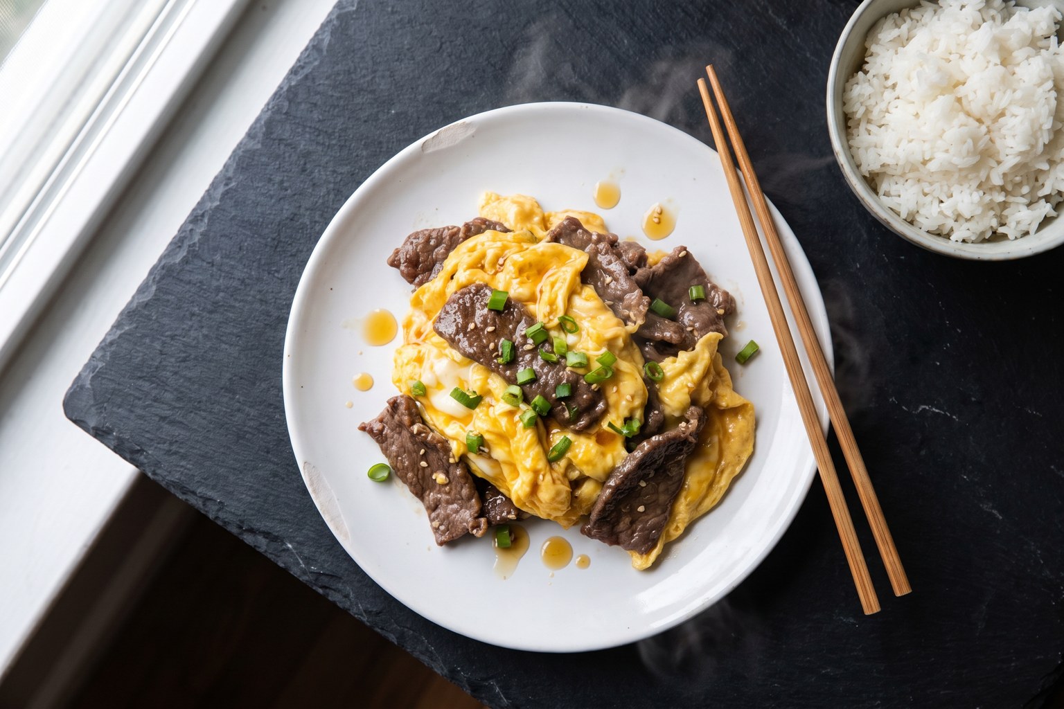 Overhead of Cantonese beef and egg stir fry, velveted beef slices folded through soft scrambled eggs on a white plate with scallions, beside a bowl of rice on dark slate
