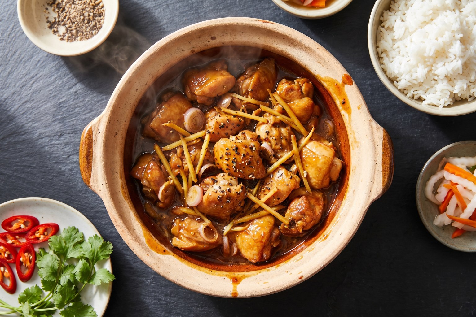 Overhead of ga kho gung, Vietnamese caramel ginger chicken in a small clay pot with ginger matchsticks and a bowl of jasmine rice on dark slate