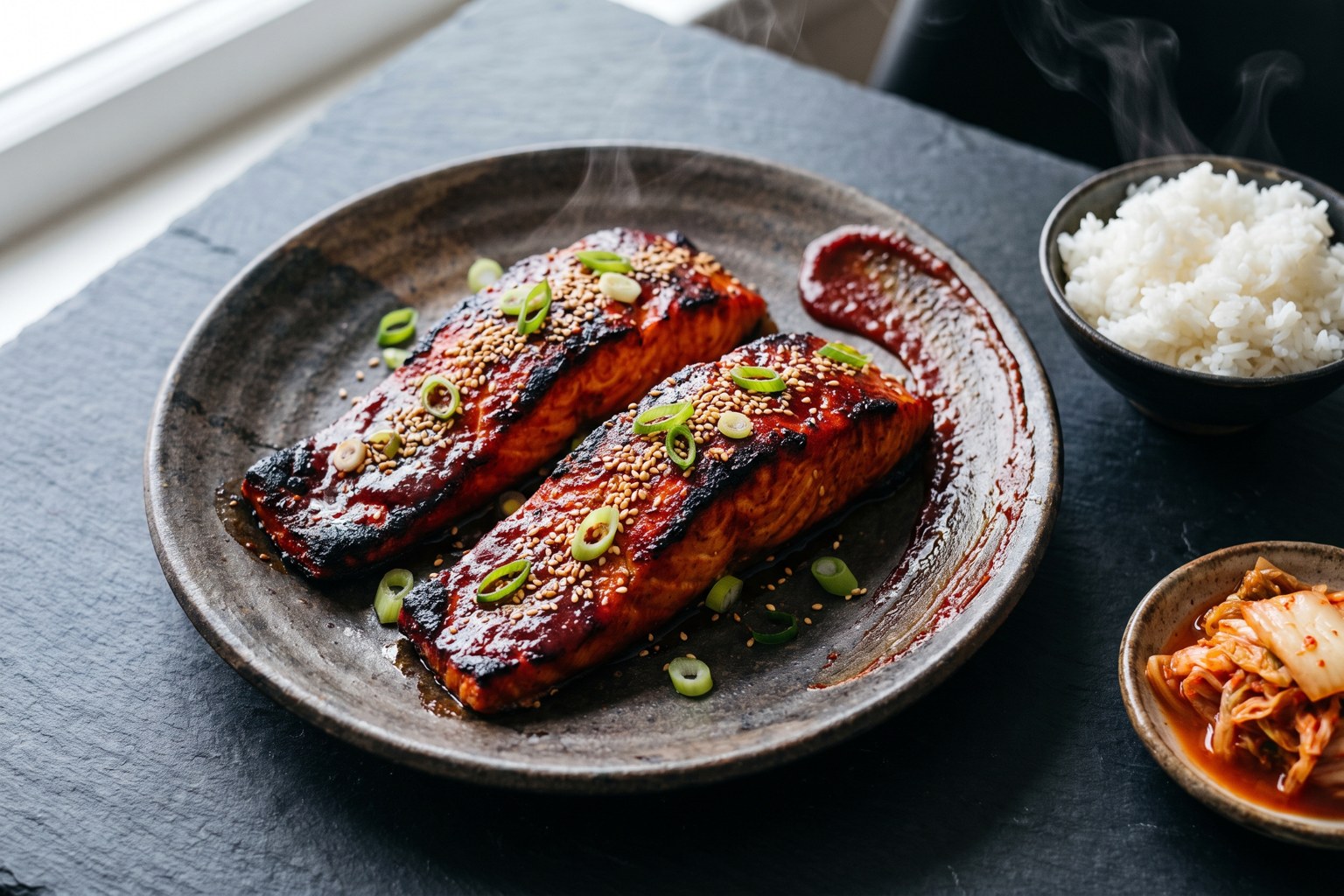 Overhead of gochujang glazed salmon fillets with a charred red glaze, sesame seeds and scallions on a dark plate, with rice and kimchi on dark slate