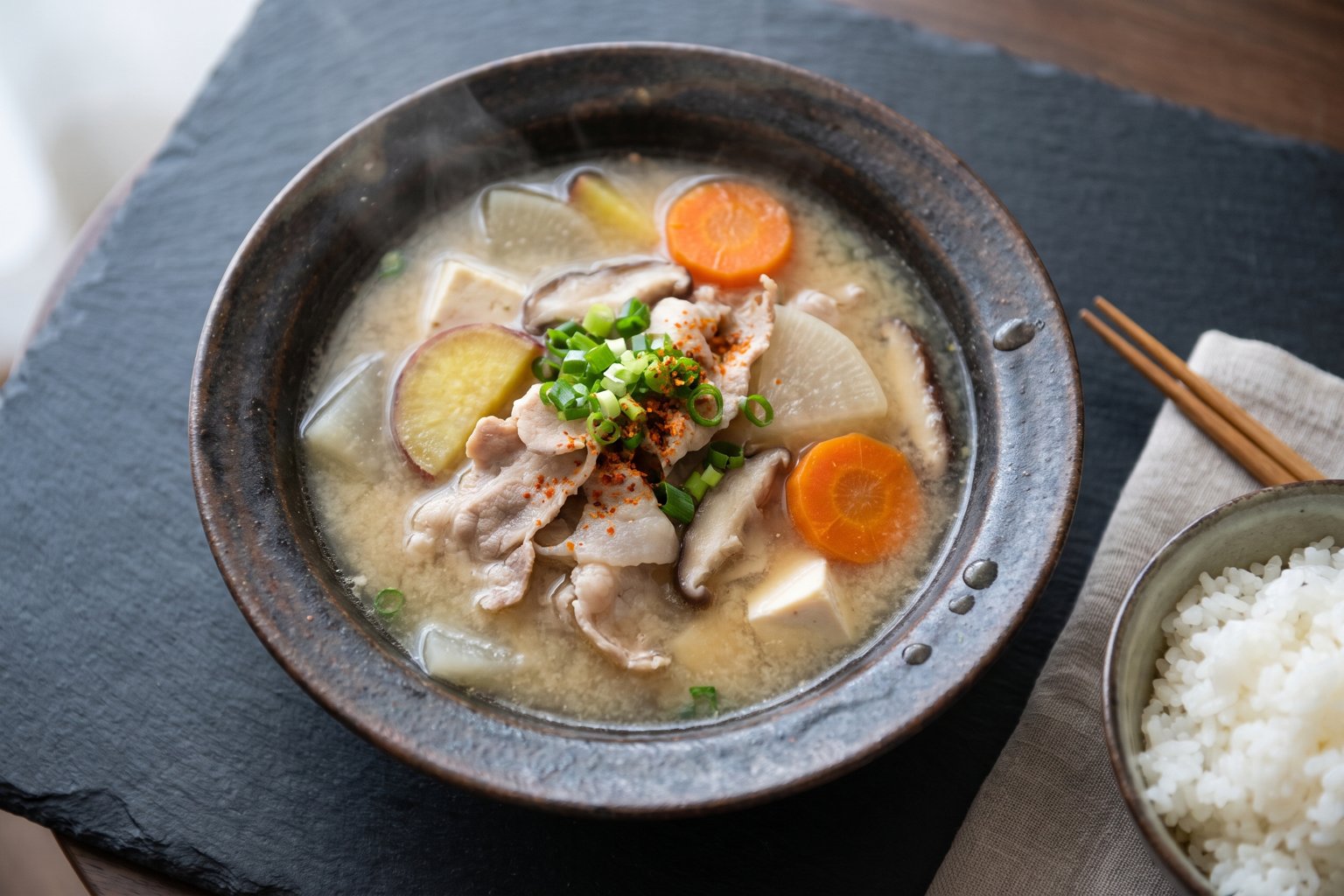 Overhead of a dark ceramic bowl of tonjiru, Japanese pork miso soup with daikon, carrot, sweet potato, tofu and scallions, with a bowl of rice on dark slate