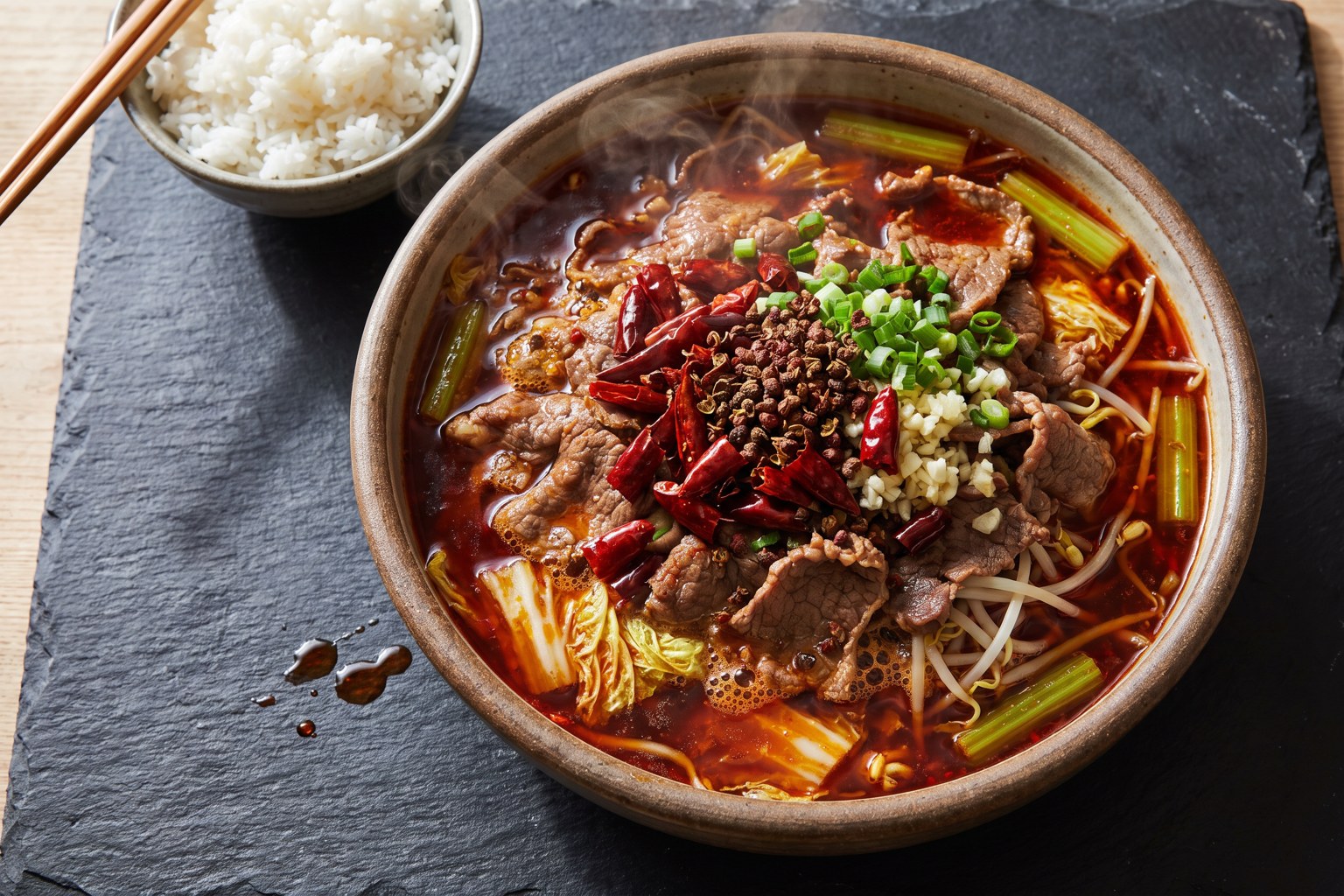 Overhead of Sichuan boiled beef, shui zhu niu rou, sliced beef in red chili broth over napa cabbage and bean sprouts in a ceramic bowl on dark slate with rice and chopsticks