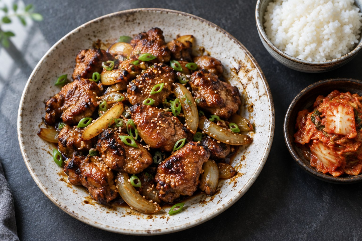 Overhead of dak bulgogi, charred Korean soy garlic chicken thigh pieces with onions, scallions and sesame seeds on a ceramic plate on dark slate, with rice and kimchi