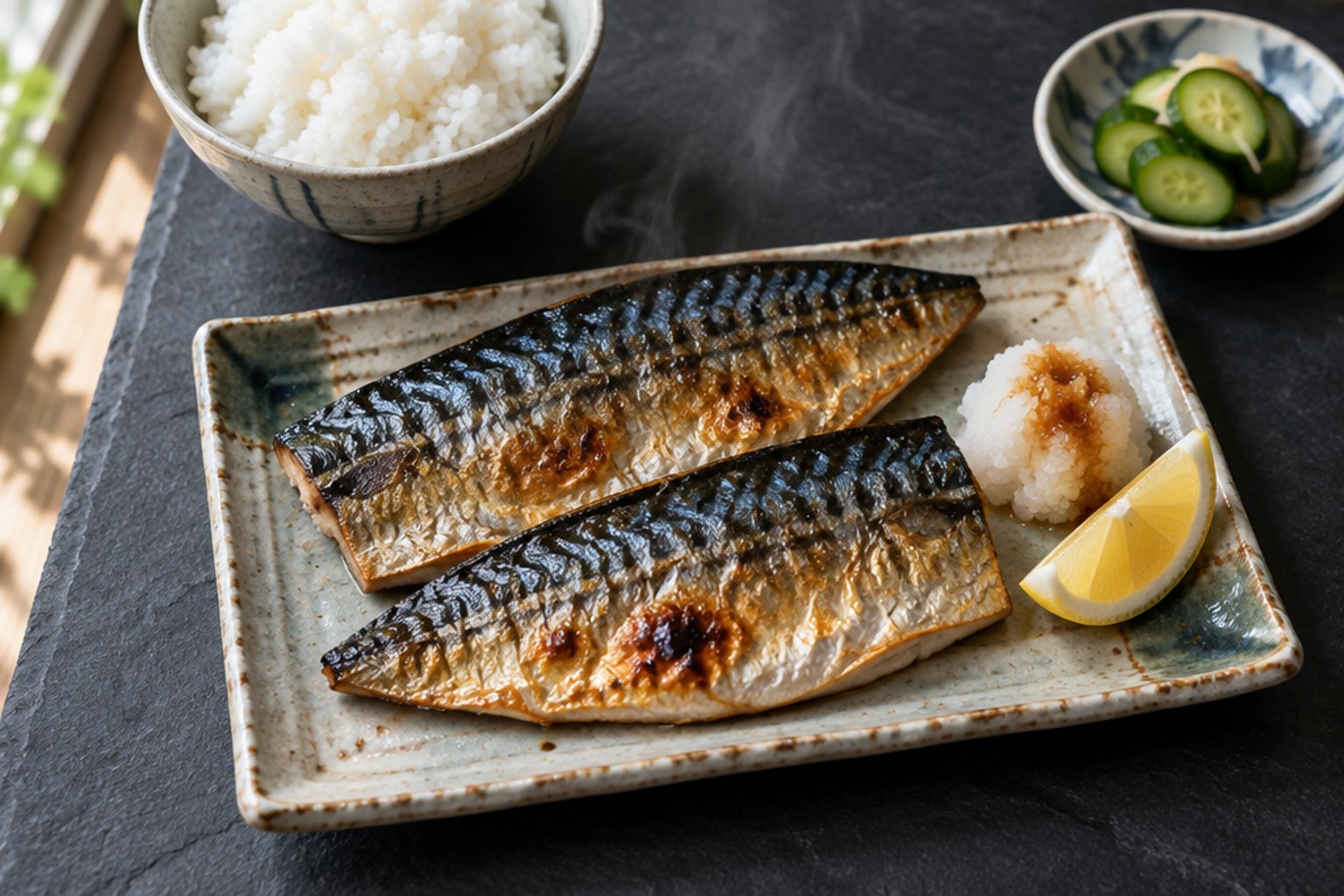 Overhead of saba shioyaki, two salt-grilled mackerel fillets with blistered skin on a ceramic plate on dark slate, with grated daikon, a lemon wedge, rice and pickled cucumber