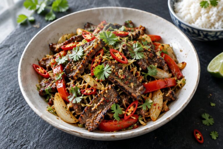 Overhead of bo xao sa ot, Vietnamese lemongrass chili beef stir fry with onion, red pepper and cilantro in a white bowl on dark slate, with jasmine rice and a lime wedge