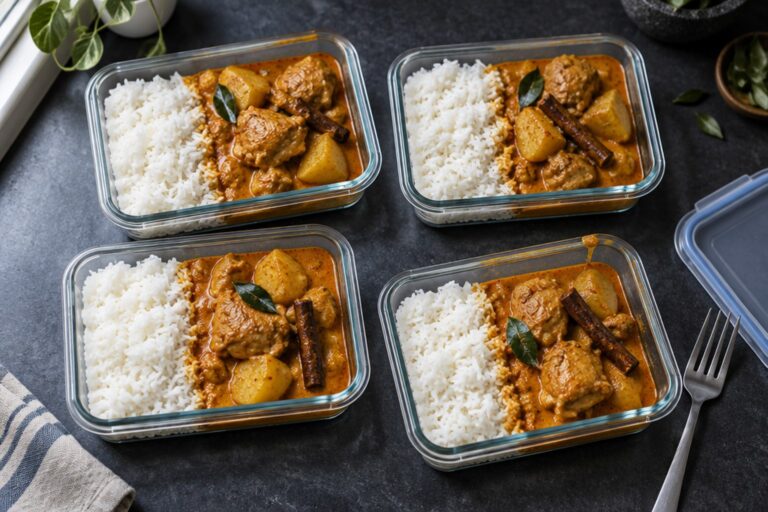 Overhead of Malaysian chicken curry (kari ayam) meal prep containers with jasmine rice, chicken thigh and potato in orange coconut gravy on a dark slate surface