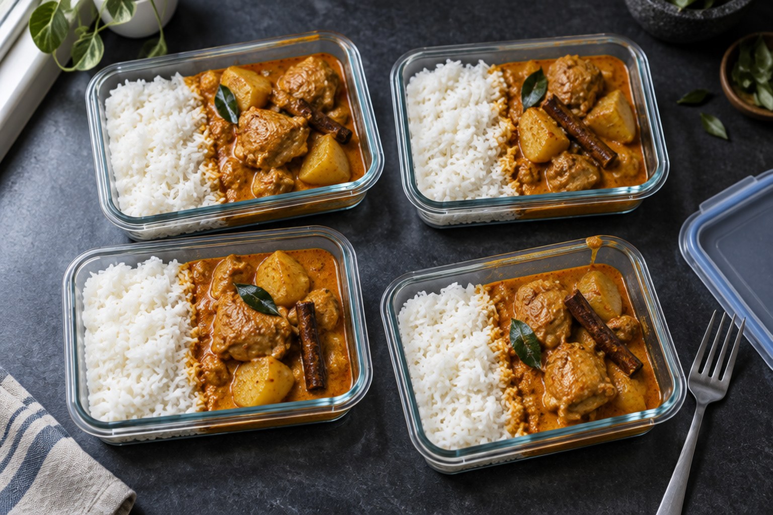 Overhead of Malaysian chicken curry (kari ayam) meal prep containers with jasmine rice, chicken thigh and potato in orange coconut gravy on a dark slate surface