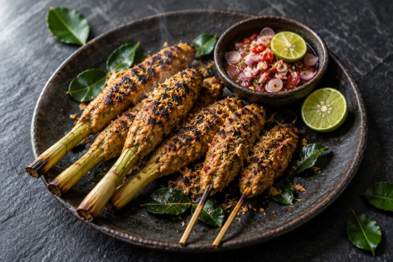 Overhead of Balinese sate lilit, grilled minced fish satay on lemongrass stalks and bamboo skewers on a dark ceramic plate with sambal matah and lime, on a dark slate surface