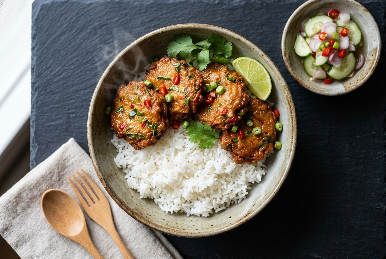 Overhead shot of Thai fish cakes, tod mun pla, served over jasmine rice with cucumber relish