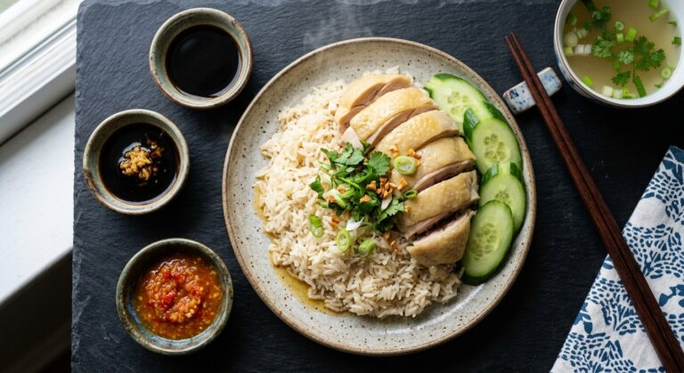 Sliced poached Hainanese chicken breast over fragrant rice with cucumber and chili ginger sauce