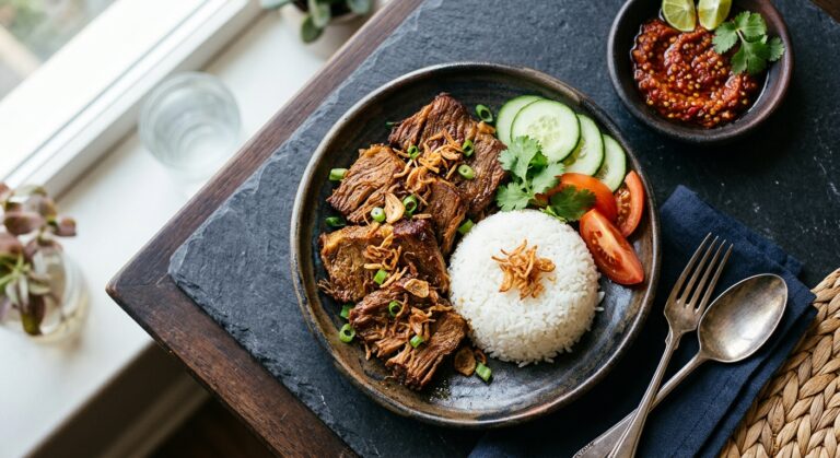 Empal gepuk fried Indonesian beef with rice, cucumber, tomato and sambal on a dark slate surface