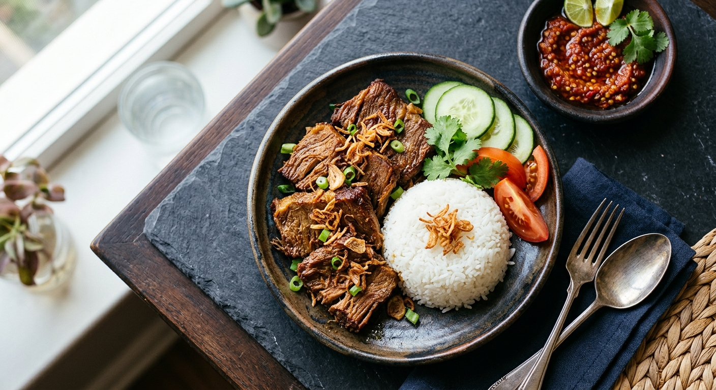 Empal gepuk fried Indonesian beef with rice, cucumber, tomato and sambal on a dark slate surface