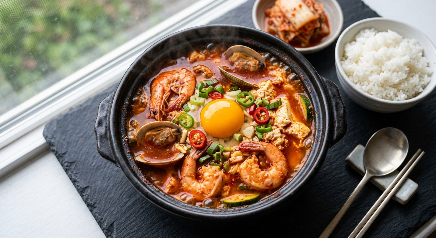 Korean seafood soft tofu stew with shrimp and egg in a black earthenware pot with rice and kimchi on a dark slate surface