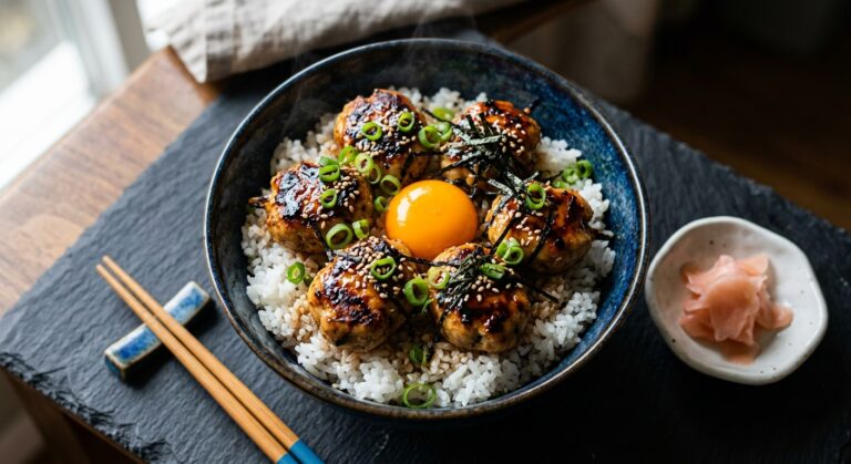 Japanese tsukune don with glazed chicken meatballs, egg yolk and scallions over rice in a bowl on a dark slate surface