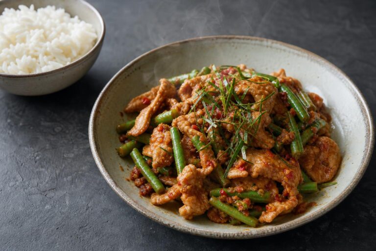 Thai pad prik king with sliced pork, green beans and shredded lime leaf in a ceramic bowl beside jasmine rice on dark slate