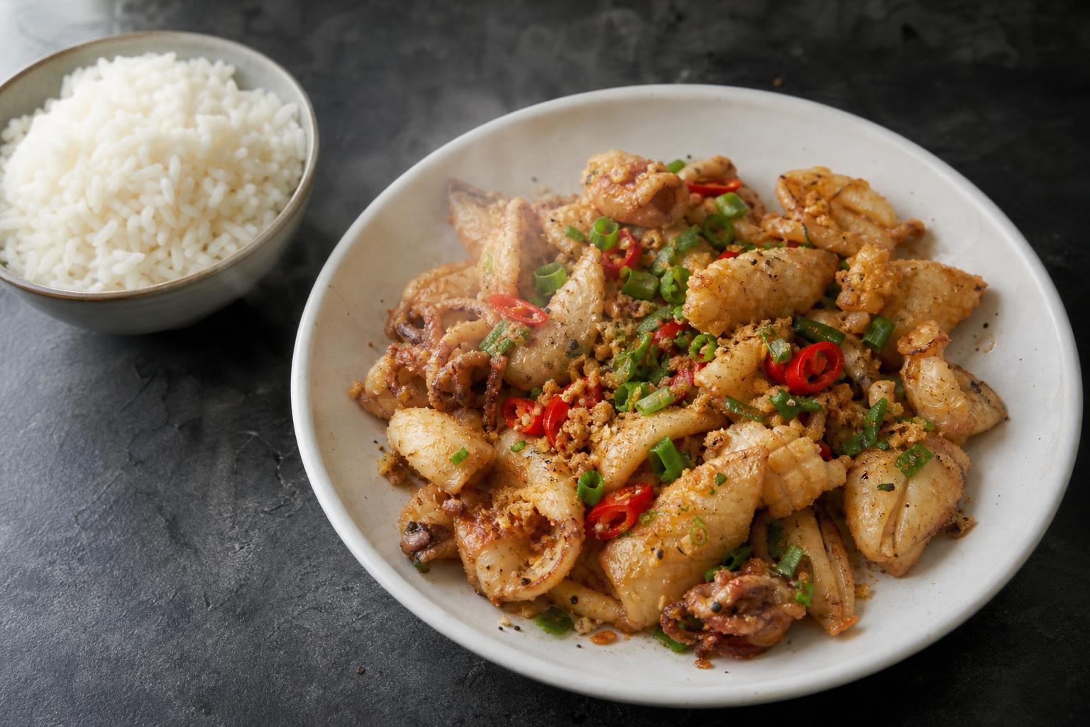 Chinese salt and pepper squid with sliced red chili and scallion in a white bowl beside jasmine rice on dark slate