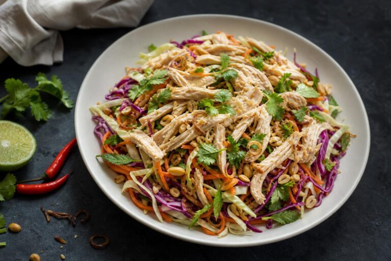 Vietnamese chicken cabbage salad goi ga with shredded chicken, peanuts and herbs in a white bowl on dark slate