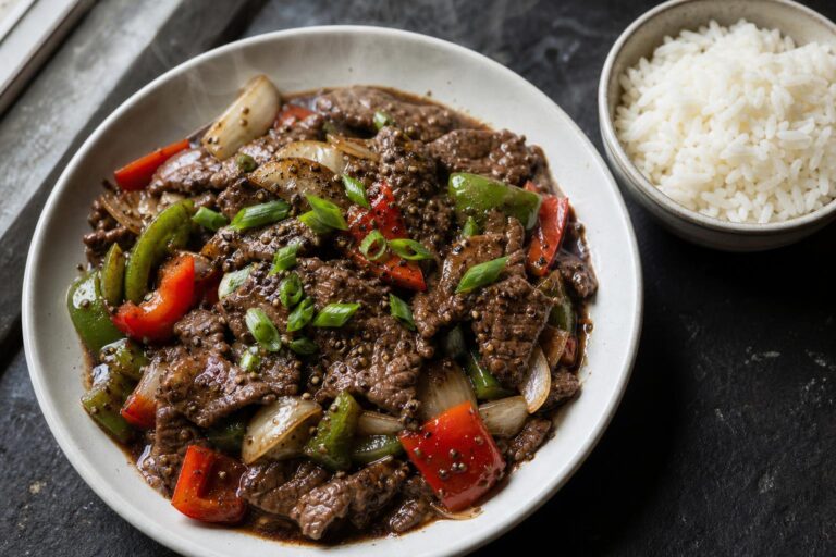 Singapore black pepper beef stir fry with peppers and onion in a white bowl beside steamed rice on dark slate