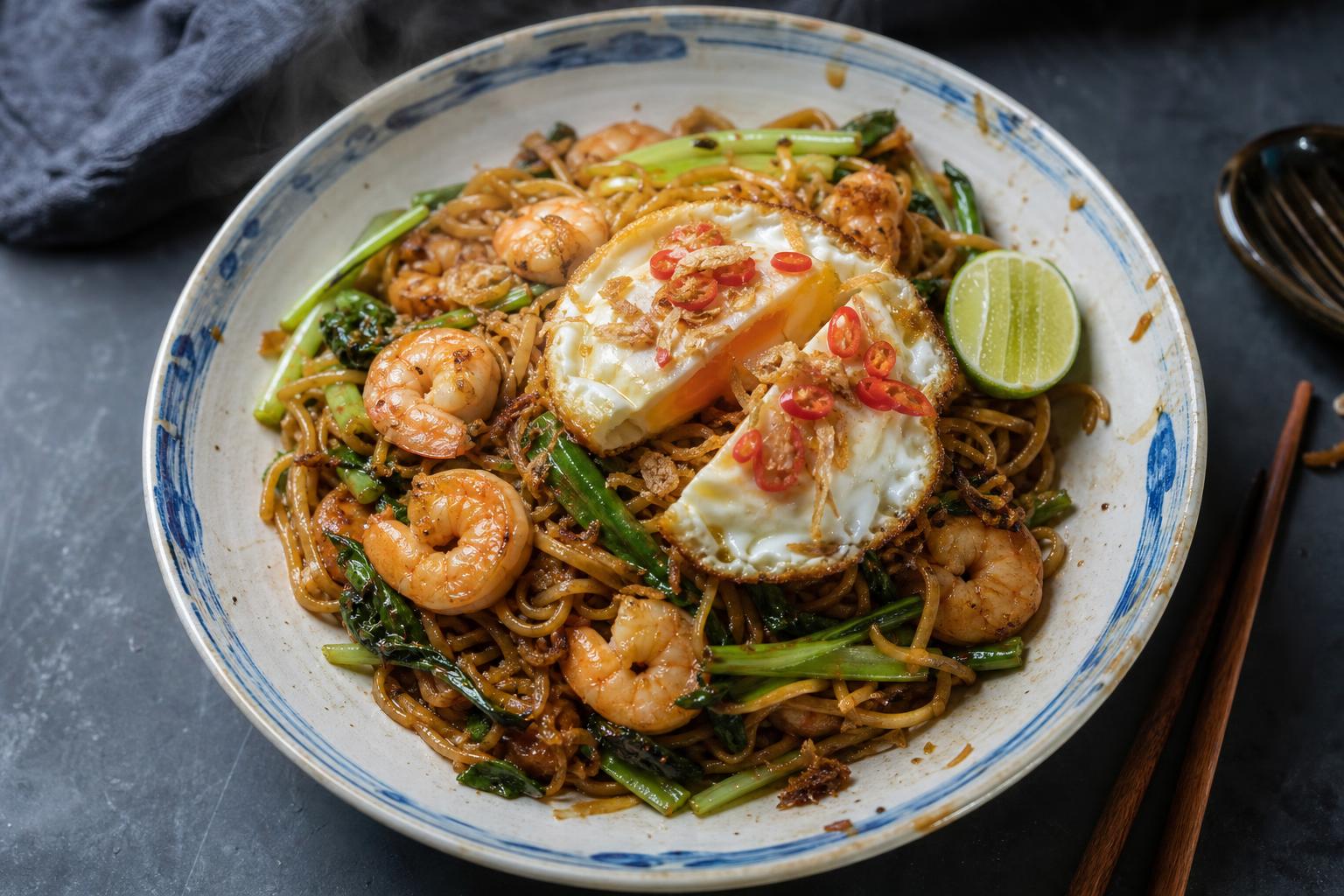 Indonesian shrimp mie goreng with fried egg and choy sum in a blue and white bowl on dark slate