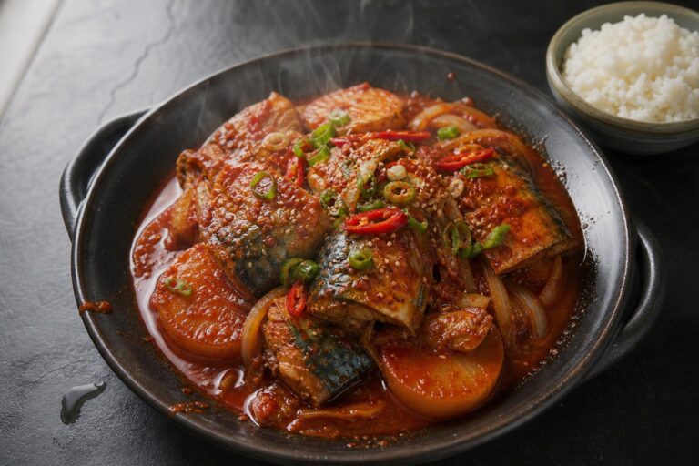 Korean braised mackerel with radish in spicy red sauce in a black pan on dark slate