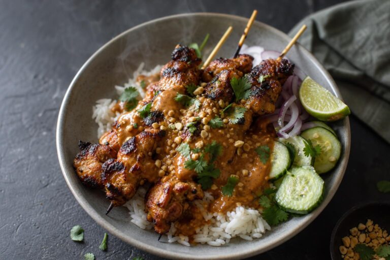 Chicken satay skewers over jasmine rice with peanut sauce, cucumber and lime in a ceramic bowl on dark slate