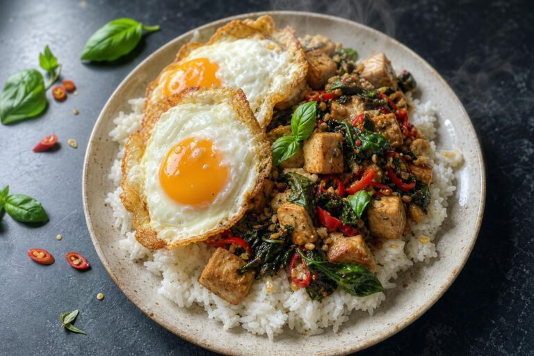 Thai basil tofu stir-fry with two crispy fried eggs over jasmine rice on a speckled plate on dark slate