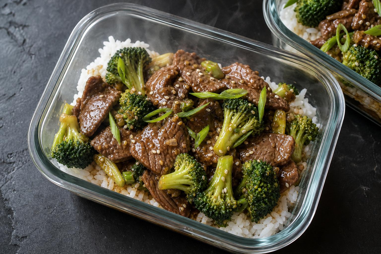Glass meal prep container of Chinese beef and broccoli over white rice with sesame seeds and scallions on dark slate
