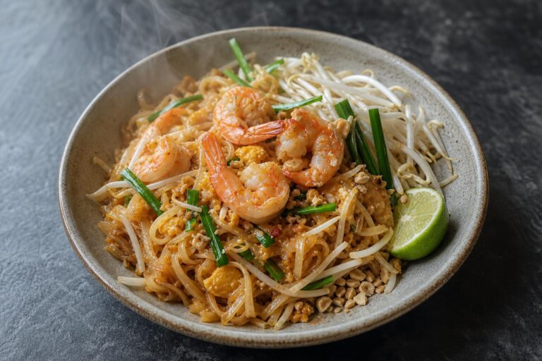 Shrimp pad Thai in a shallow ceramic bowl with bean sprouts, crushed peanuts, chives and a lime wedge on dark slate