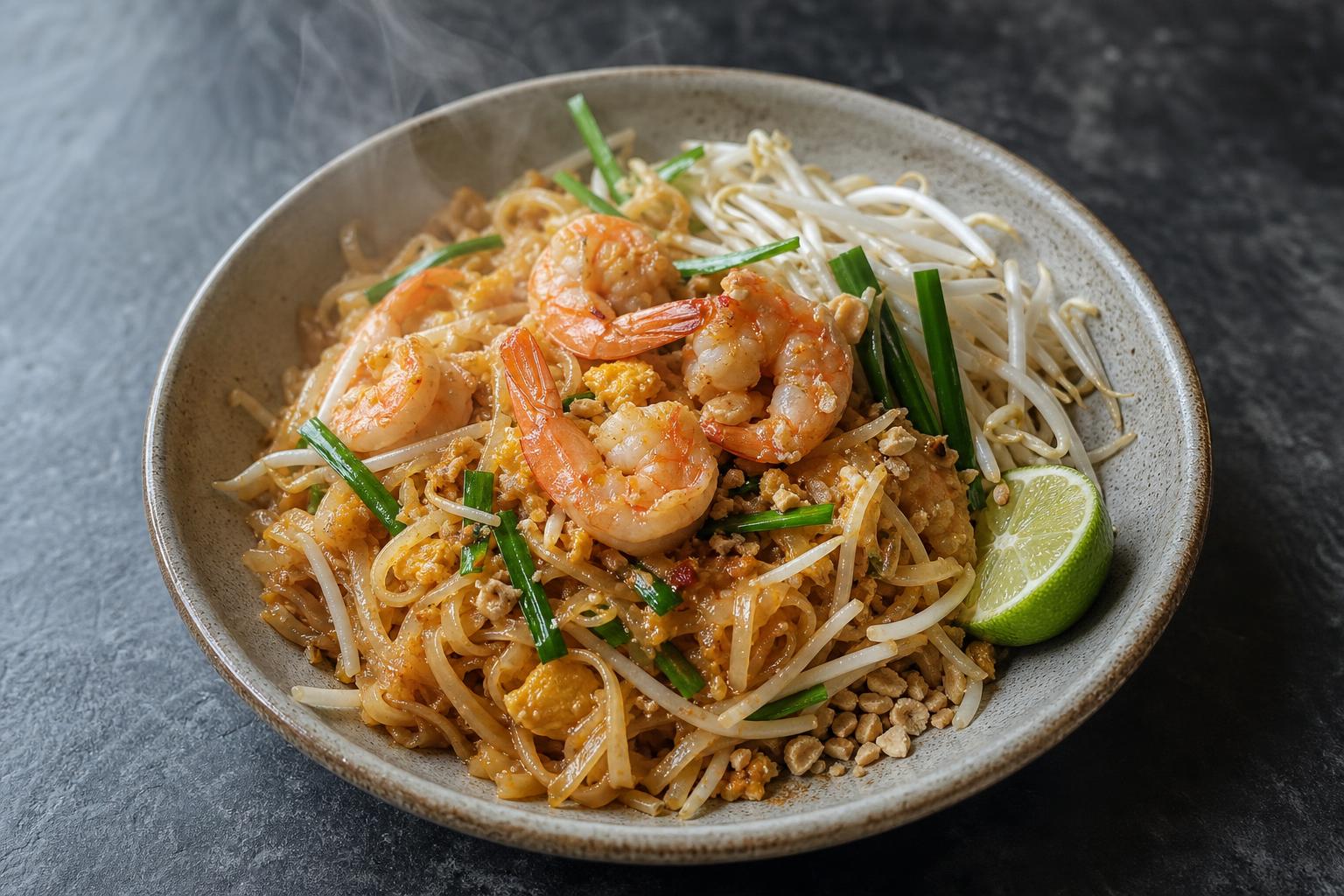 Shrimp pad Thai in a shallow ceramic bowl with bean sprouts, crushed peanuts, chives and a lime wedge on dark slate