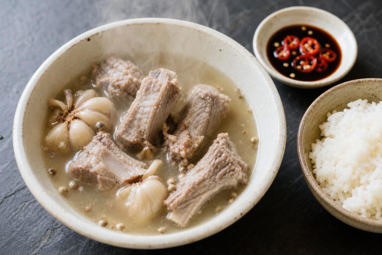 Bak kut teh pork rib soup in a white ceramic bowl with garlic bulbs, a dish of dark soy and chilies, and steamed rice on dark slate