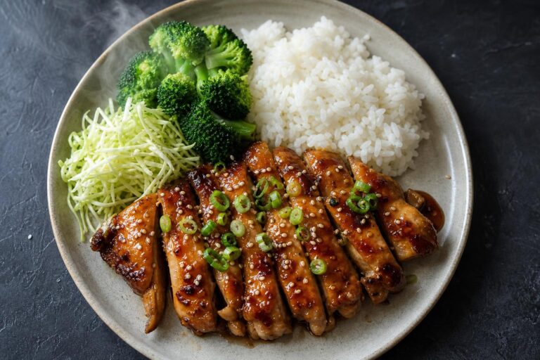 Sliced glazed chicken teriyaki with white rice, broccoli and shredded cabbage on a ceramic plate on dark slate