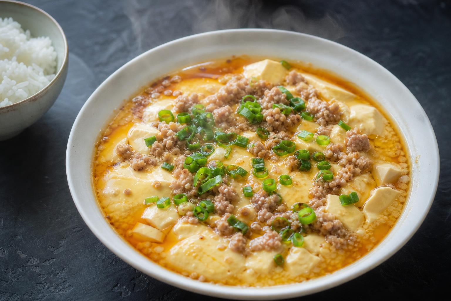 Chinese steamed egg custard topped with minced pork, silken tofu and scallions in a white bowl on dark slate