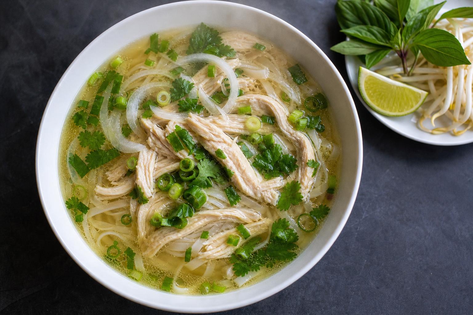 Bowl of Vietnamese chicken pho with shredded chicken, rice noodles, scallions and cilantro beside bean sprouts, basil and lime on dark slate