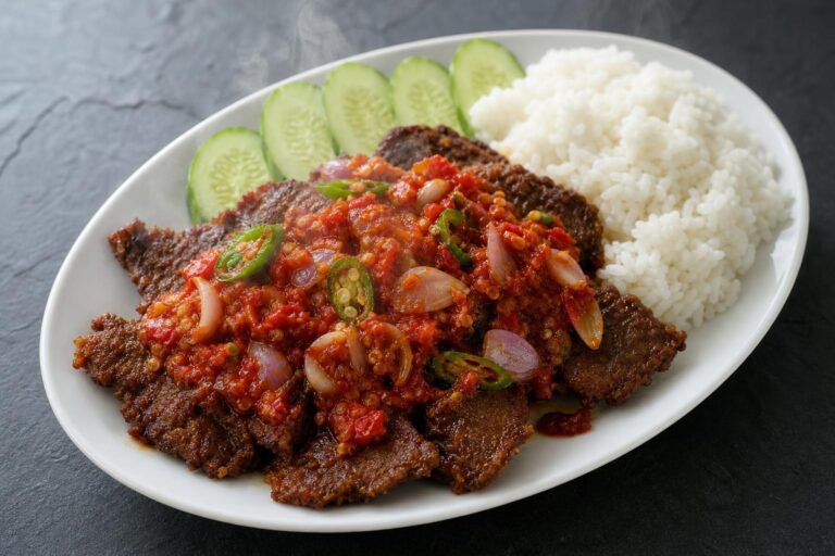 Indonesian dendeng balado crispy beef topped with red chili sambal and shallots on a white plate with rice and cucumber on dark slate
