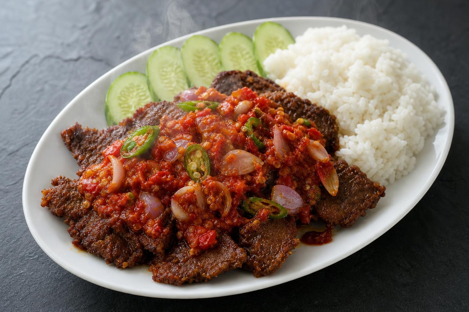 Indonesian dendeng balado crispy beef topped with red chili sambal and shallots on a white plate with rice and cucumber on dark slate