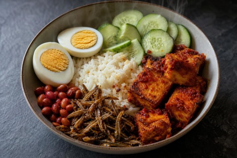 Malaysian nasi lemak bowl with coconut rice, sambal tofu, halved boiled eggs, fried anchovies, peanuts and cucumber on dark slate